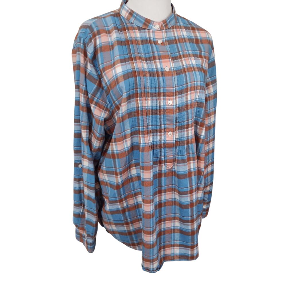 LANDS' END Flannel Peasant Top Blouse Plus 18 Plaid Tucks Rustic Country Outdoor